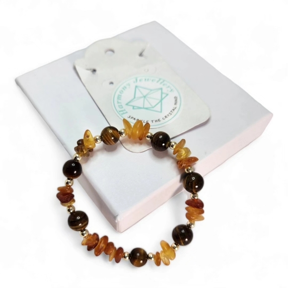 8 mm Tiger Eye and Amber Bracelet - Picture 2 of 3